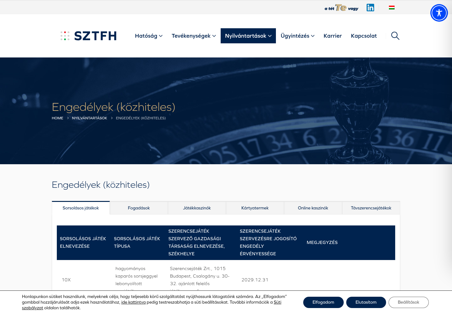 Az SZTFH közhiteles engedélynyilvántartásának 2026. augusztus 14-i képernyőképe